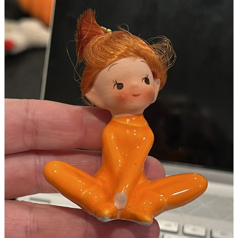 Vintage Girl Pixie Elf Elves Orange Hair Outfit Figurine MCM KITSCH C-6798 Japan